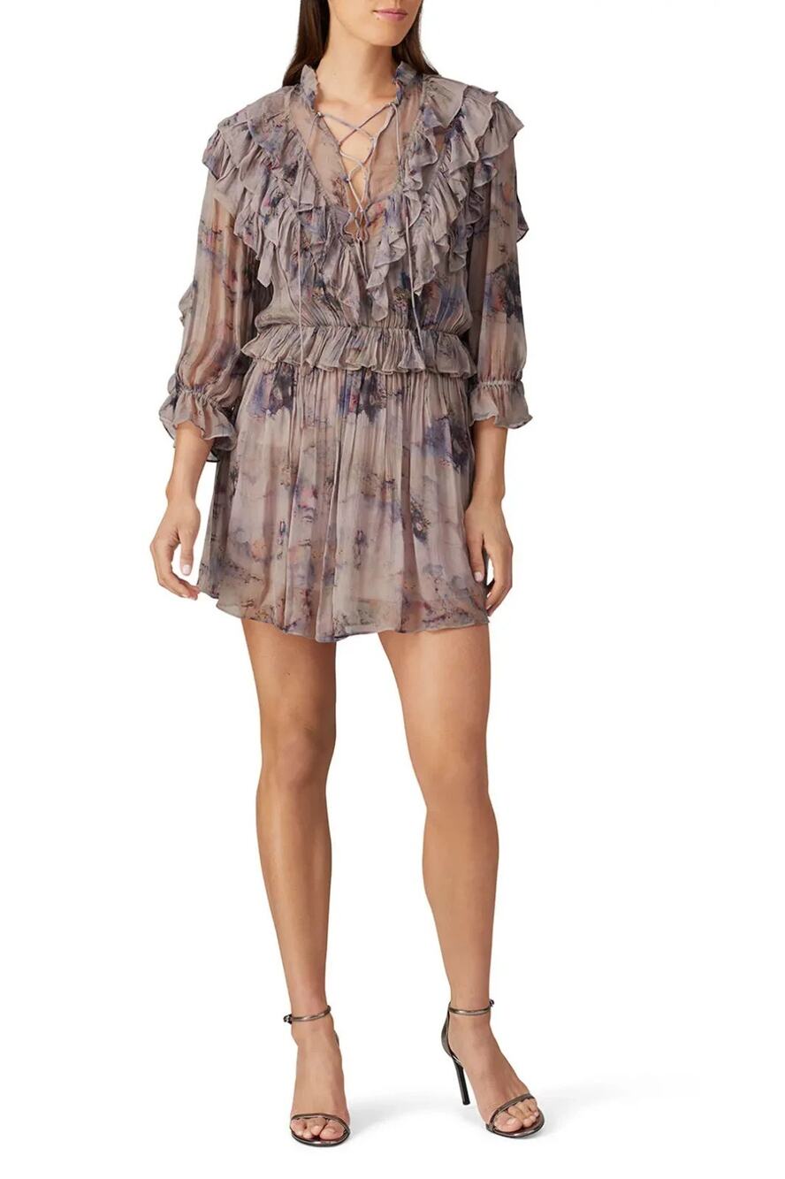 IRO Banon Lace Up Criss Cross Tiered Ruffle Boho Mini Dress Size 32